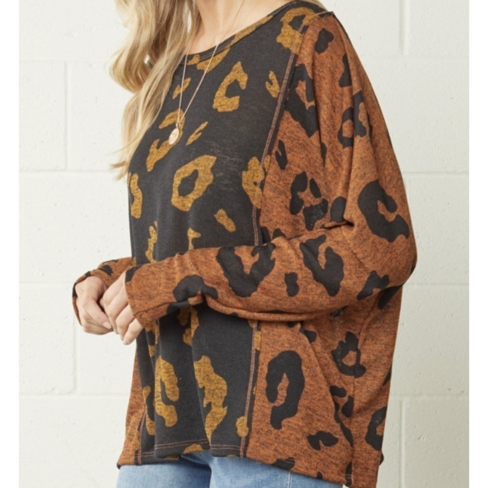 ENTRO Boho Mixed Leopard Print Oversized Dolman Sleeve Lightweight Sweater Top - Picture 6 of 14